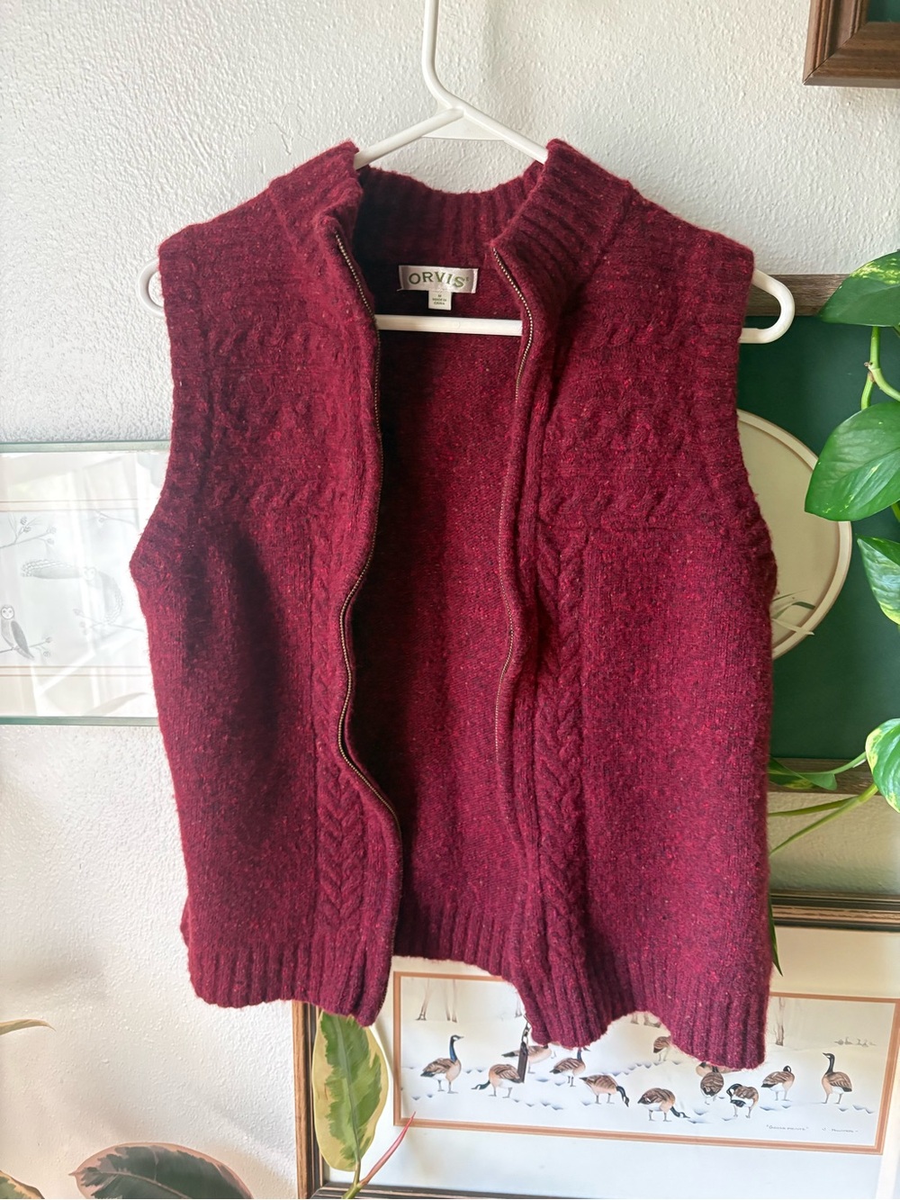 Orvis | Lambswool | Maroon Cable-Knit Zip Vest